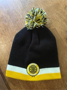 Kids Black Pom Beanie with Yellow and White Stripe